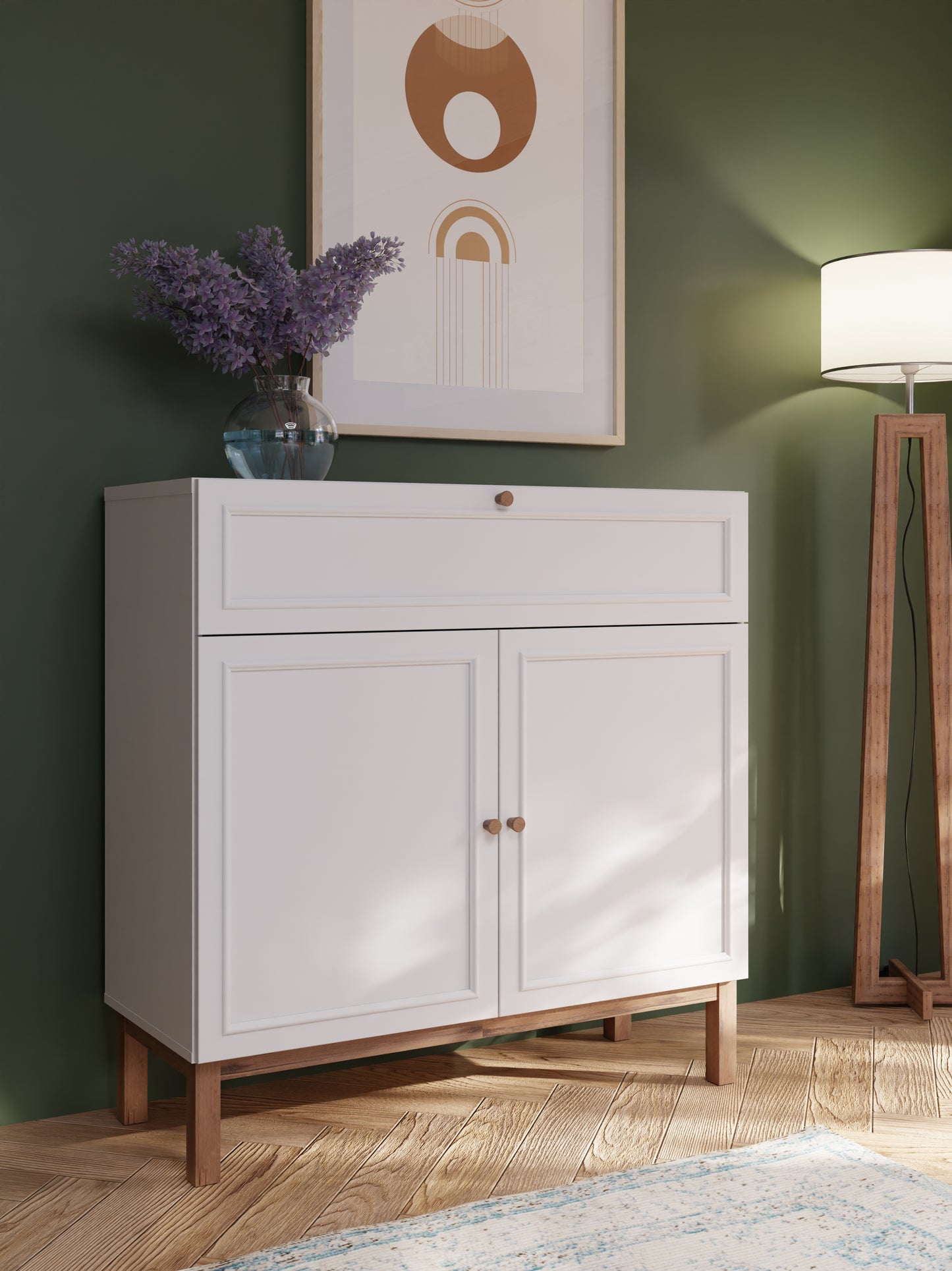 Penkrige elegantiška komoda su stalčiumi ir spintelėmis, šviesiai pilka