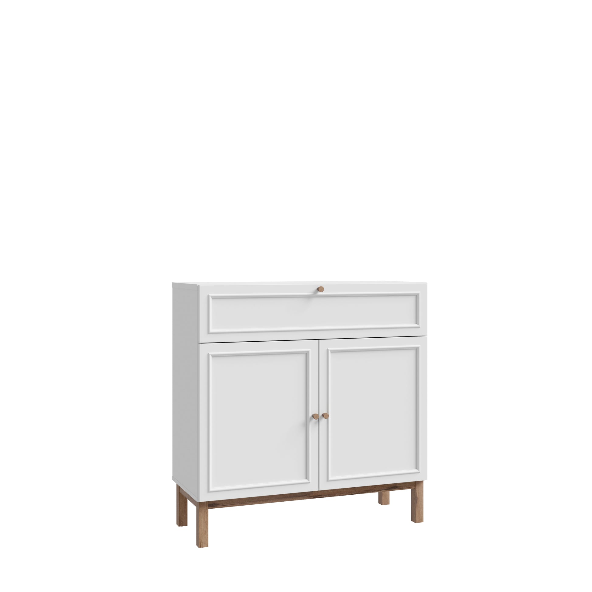 Penkrige elegantiška komoda su stalčiumi ir spintelėmis, šviesiai pilka