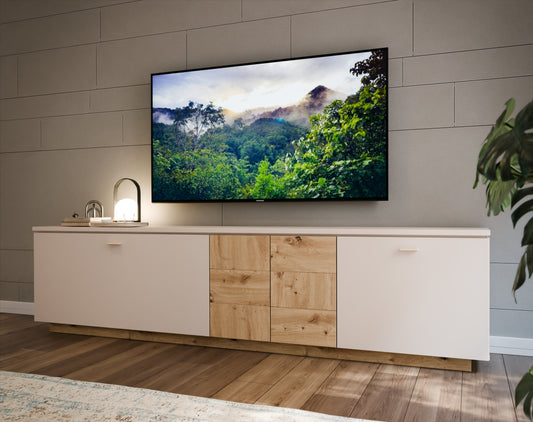  TV staliukas Louoto su spintelėmis ir ąžuolo elementais, šviesus dizainas