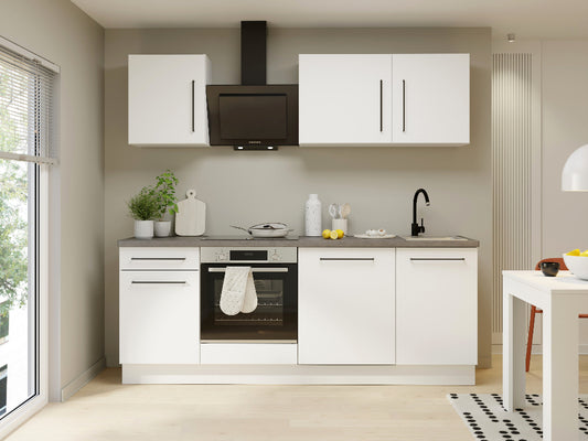 Minimalistinio dizaino virtuvės komplektas su pakabinamomis spintelėmis