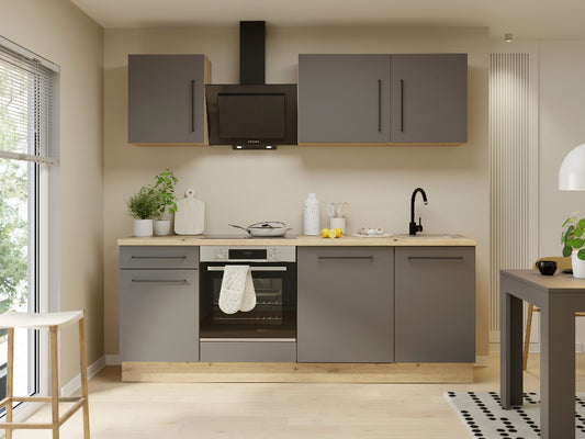 Pilkos ir ąžuolo spalvos modernūs virtuvės baldai