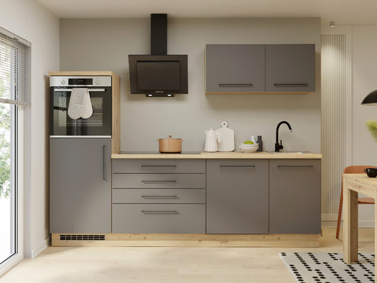 Pilkos ir ąžuolo spalvos modernūs virtuvės baldai su stalčiais
