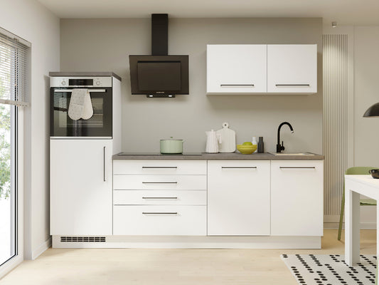 Šviesios spalvos virtuvės komplektas su stalčiais ir spintelėmis