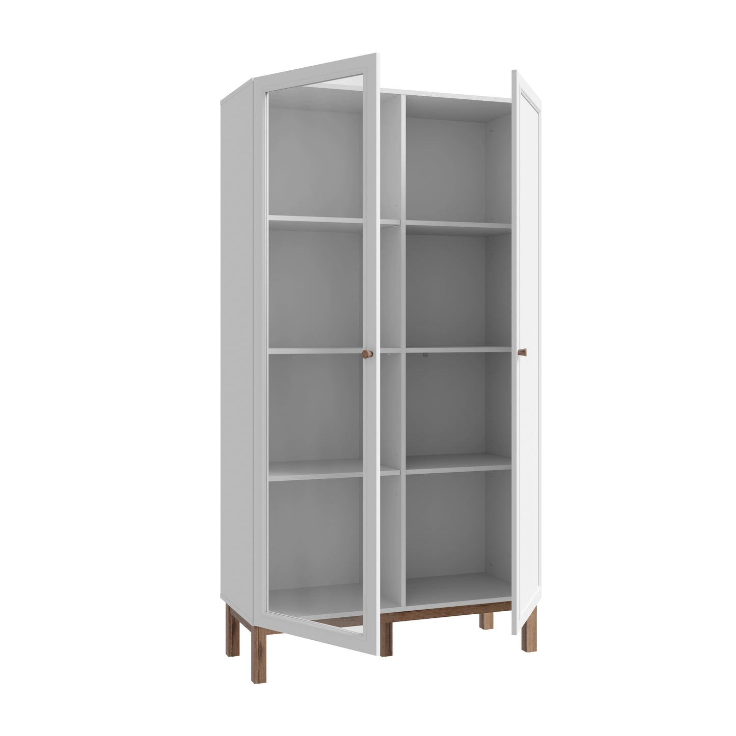 Penkrige indauja su stiklinėmis ir uždaromis durelėmis, bei lentynomis, šviesiai pilka