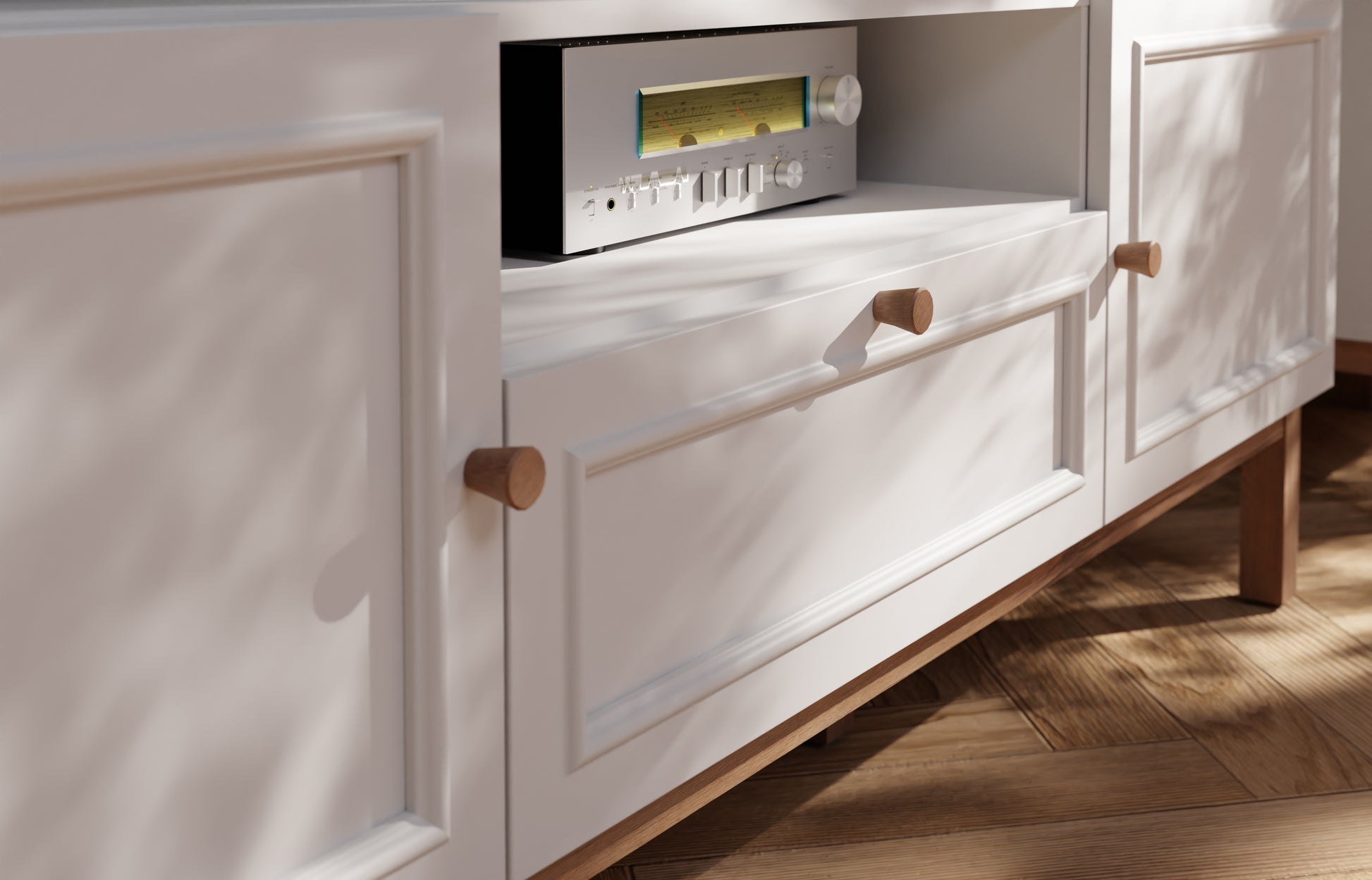 Penkrige TV staliukas su stalčiuku ir durelėmis, šviesiai pilkas