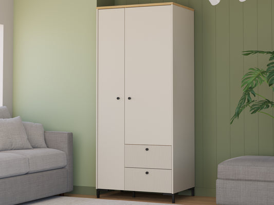 Bixbite kolekcijos dviejų durų spinta su lentynomis ir kabykla, smėlio ir Mauvela ąžuolo spalvos