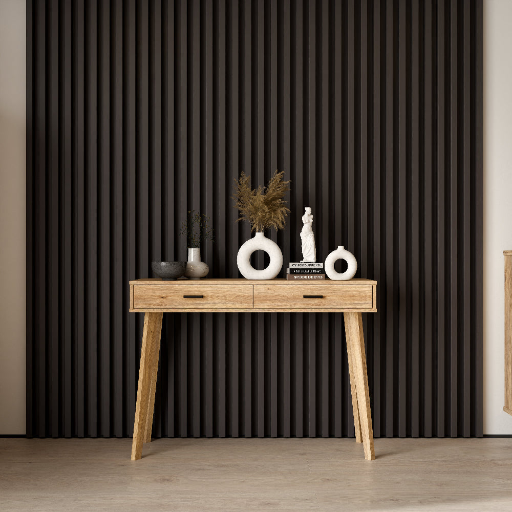 FORMSWIFT konsolės staliukas su dviem stalčiais ir medžio rašto dekoru