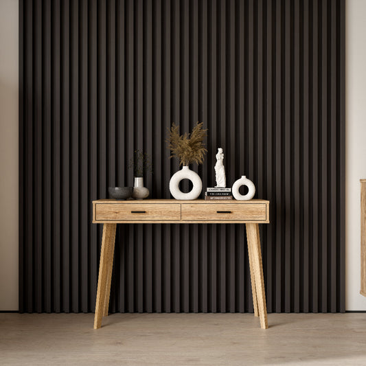 FORMSWIFT konsolės staliukas su dviem stalčiais ir medžio rašto dekoru