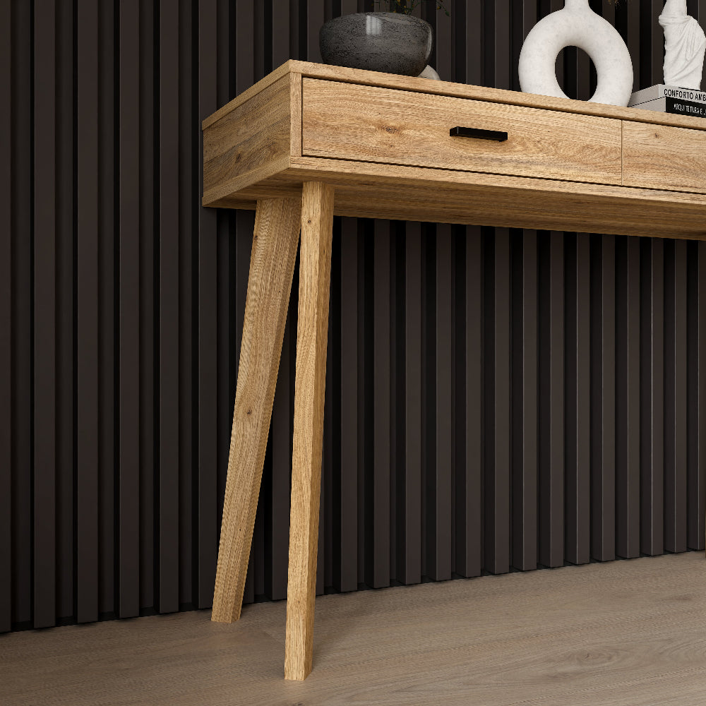 FORMSWIFT konsolės staliukas su dviem stalčiais ir medžio rašto dekoru