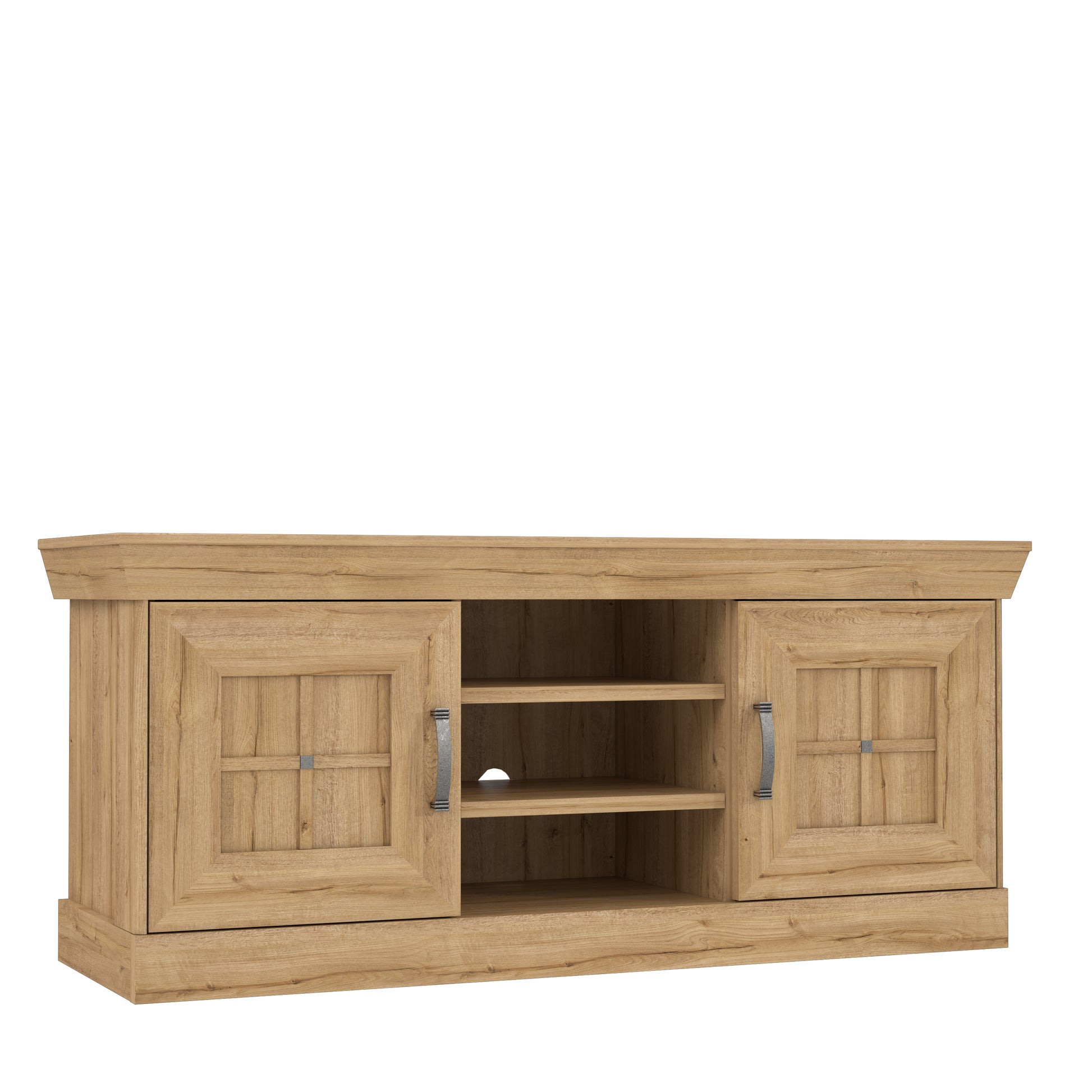 Kalikst kolekcijos televizoriaus staliukas, klasikio stiliaus su derelėmis ir atviromis lentynomis