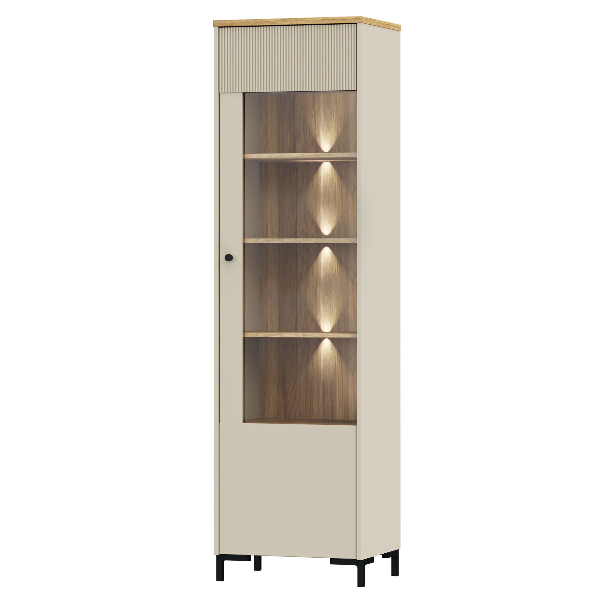 Bixbite kolekcijos vitrina su stiklinėmis durelėmis ir lentynomis, smėlio ir Mauvela ąžuolo spalvos
