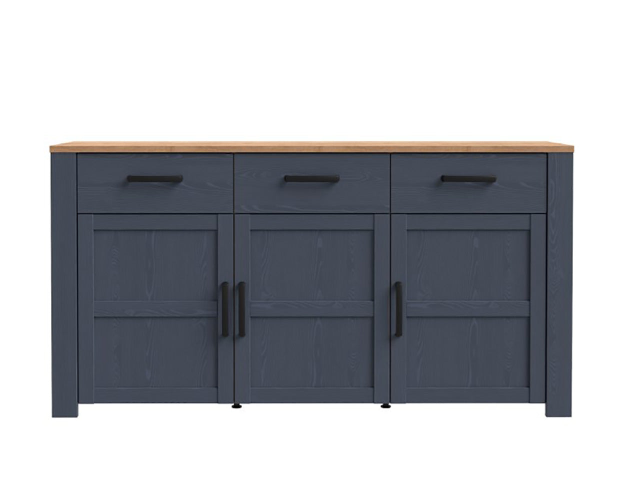 Komoda Riviera Oak ir Navy Oak spalvų su trimis stalčiais, trimis durelėmis ir lentynomis