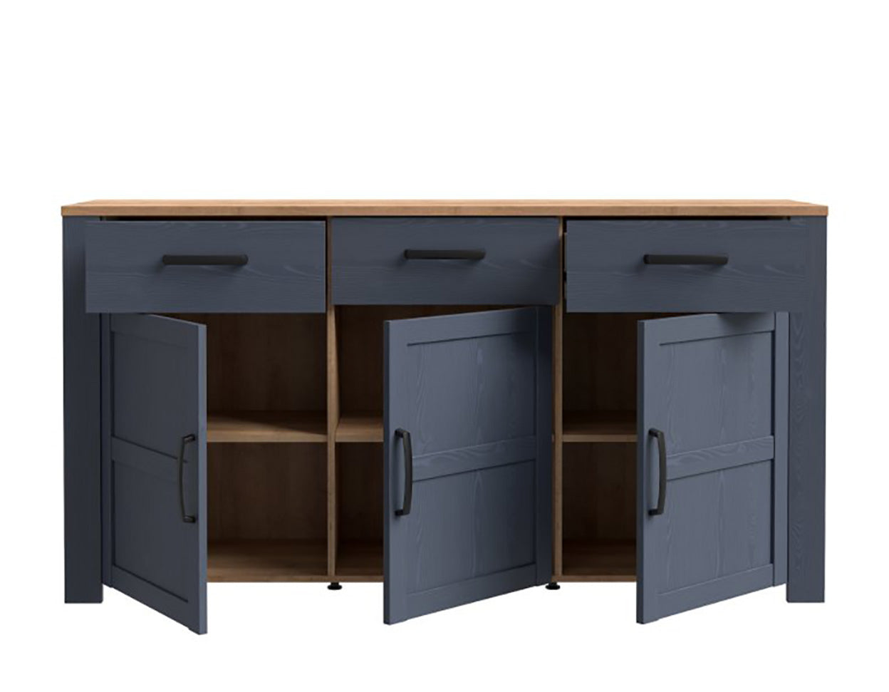 Komoda Riviera Oak ir Navy Oak spalvų su trimis stalčiais, trimis durelėmis ir lentynomis