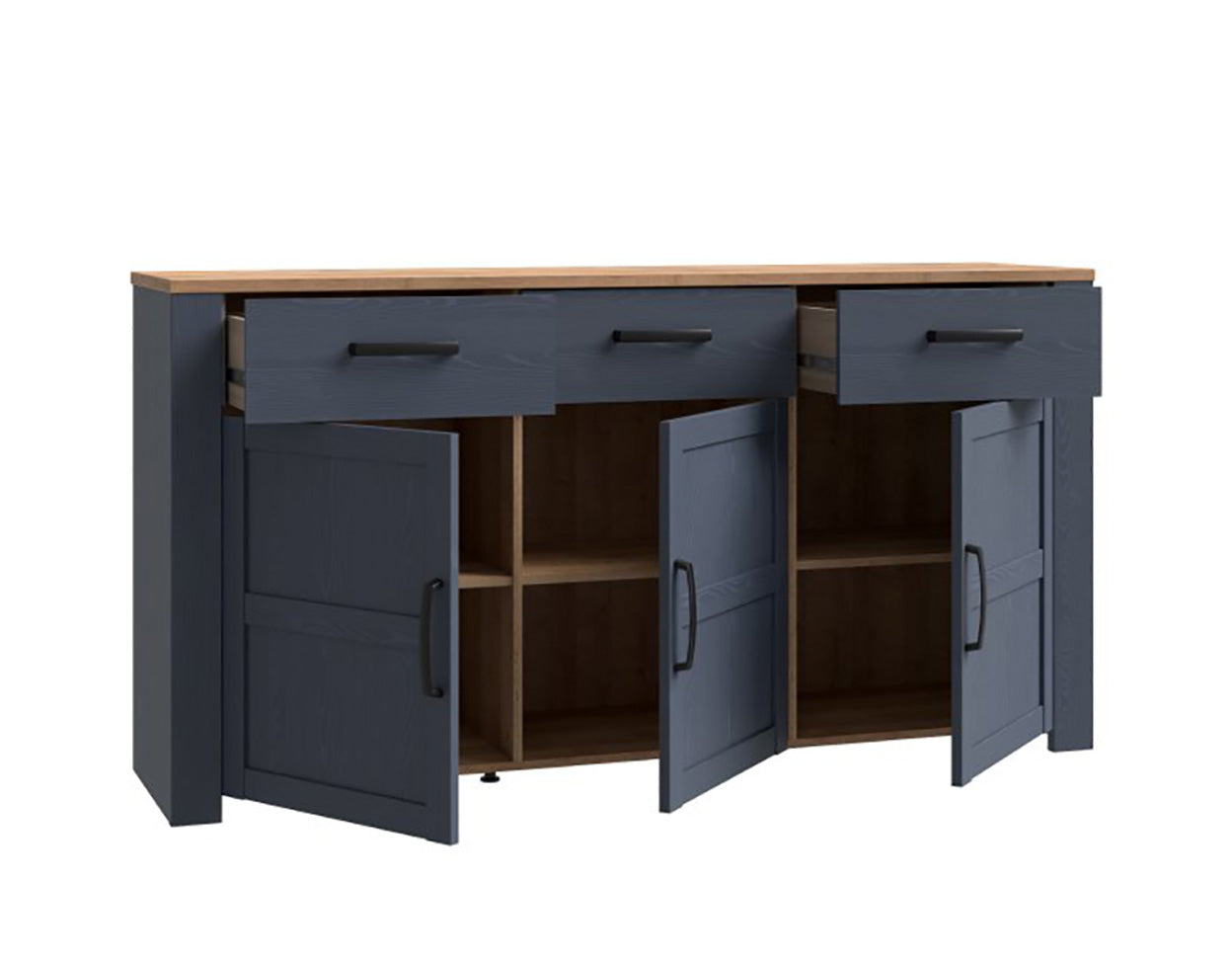 Komoda Riviera Oak ir Navy Oak spalvų su trimis stalčiais, trimis durelėmis ir lentynomis