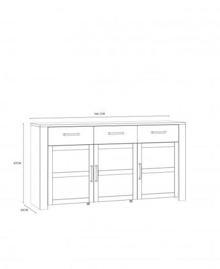 Komoda Riviera Oak ir Navy Oak spalvų su trimis stalčiais, trimis durelėmis ir lentynomi